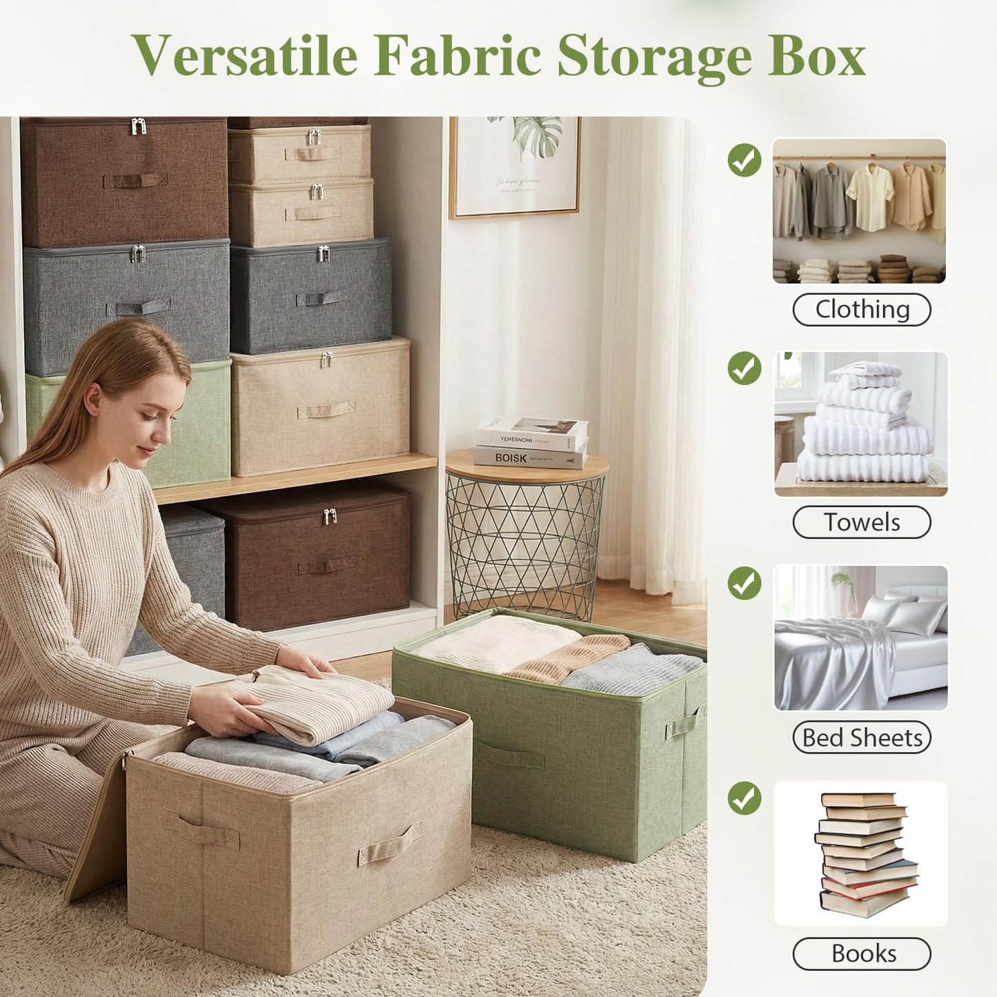 ANMINY Storage Bins with Zipper Lids 36 Qt Lidded Fabric Storage Boxes Baskets Cubes with Handles Collapsible Washable Cotton Linen Closet Shelf Clothes Organizer Containers - Green, Large