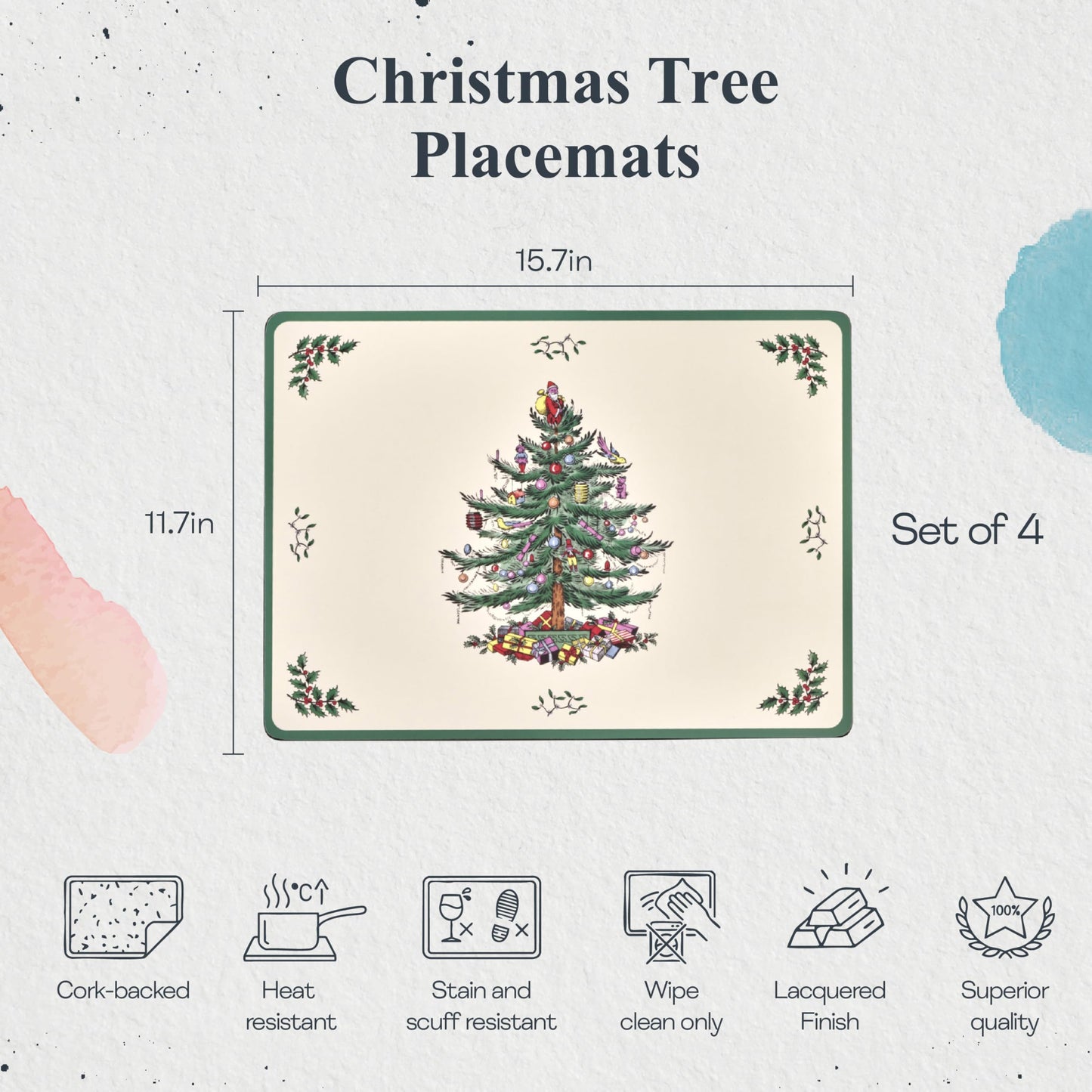 Spode Christmas Tree Placemats, Set of 4 – (15.7" x 11.7") Cork-Backed Boards with Decorative Artwork & Lacquered Finish, Heat & Stain Resistant Dining Table, Kitchen & Tabletop Protection