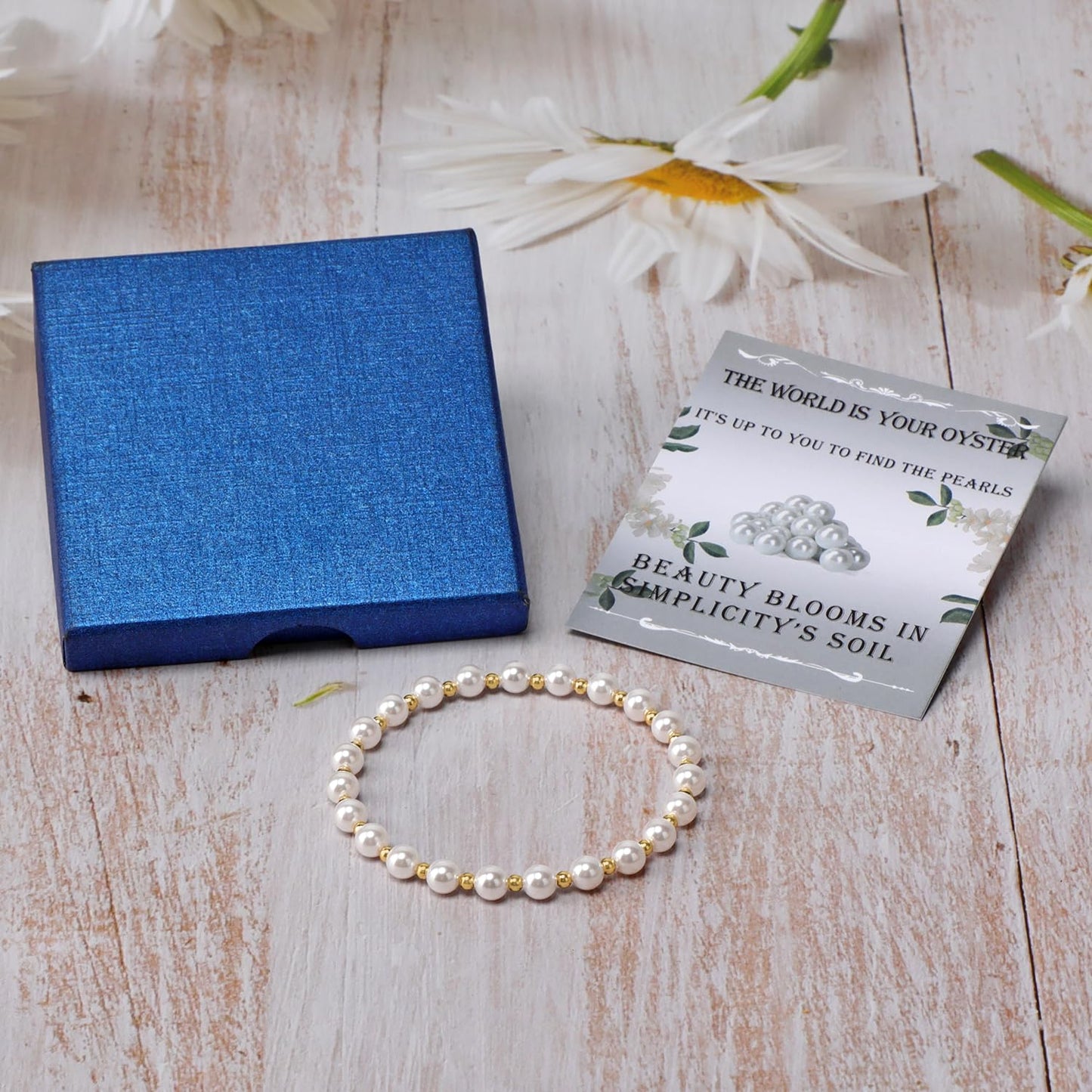 QOGIR Imitation Pearl - 14K Gold Plated Beads Gemstone Stretch Elastic Dainty Handmade Beaded Bracelets for Women Gifts 6mm