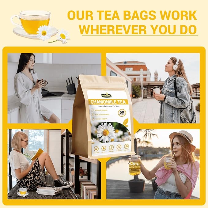 Chamomile Tea Bags, Chamomile Flower Herbal Tea - Sugar-Free, Caffeine-Free, 50 Teabags