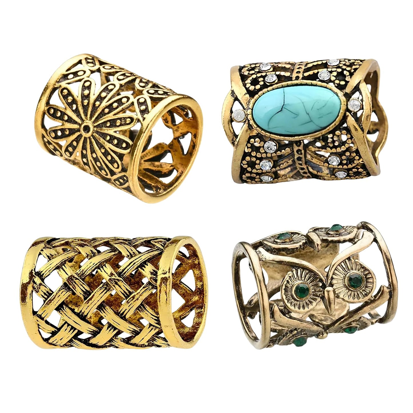 SYWDUDUCLT Vintage Style Scarf Ring Set, 4 Pack, Gold Tone with Floral, Turquoise, Weave and Owl Designs