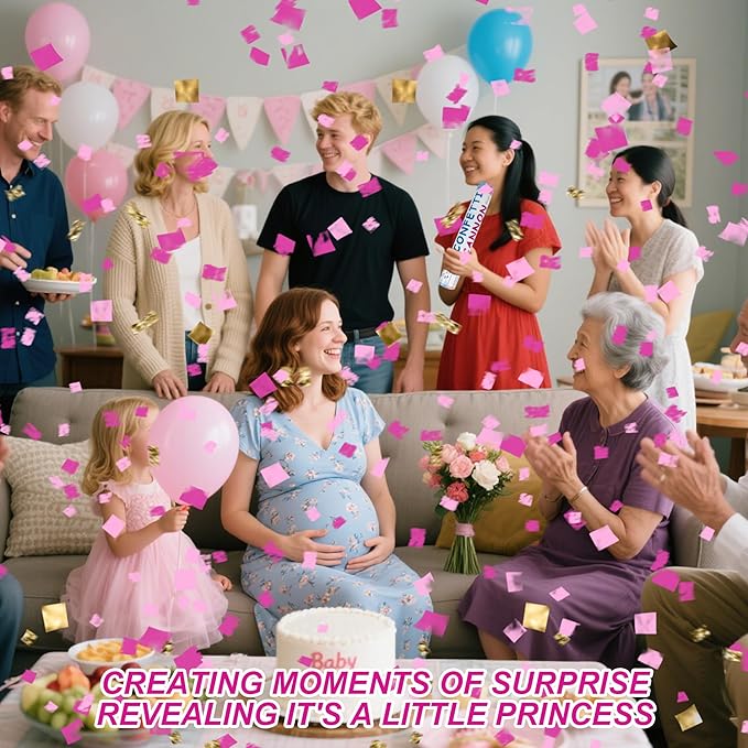 2 Pack Gender Reveal Confetti Cannon, 12 in Pink Square shaped Paper Party Poppers Cannons, Confetti Poppers For Baby Girl Gender Reveal Baby Showers (Square, Pink)
