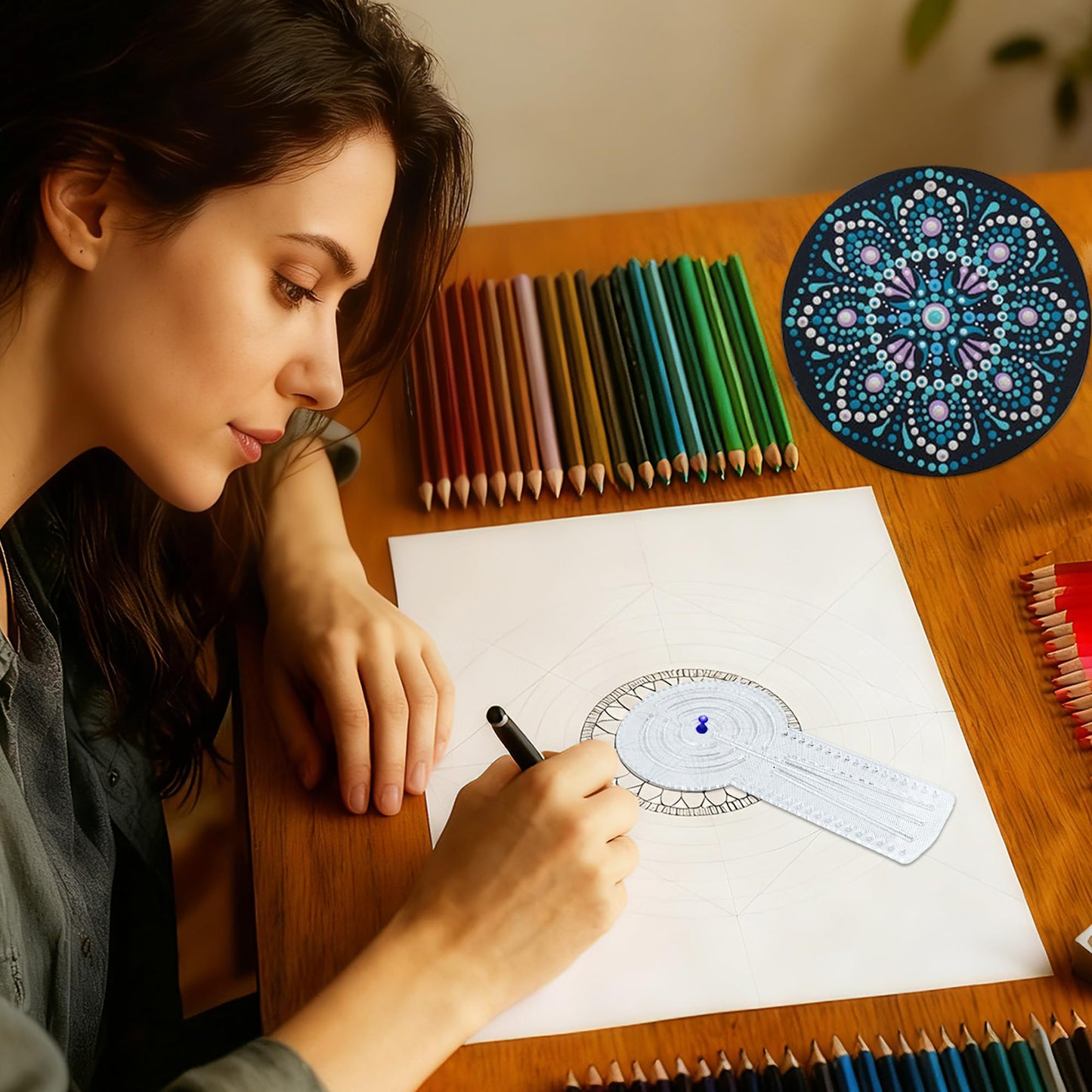 DAFENCHI 3-in-1 Mandala Ruler Tool with Holes, Mandala Dot Art Circle Maker, Compass Protractor Straight Dotting Ruler for Dot Art Geometric Mandala Pattern Design, 3 Sizes