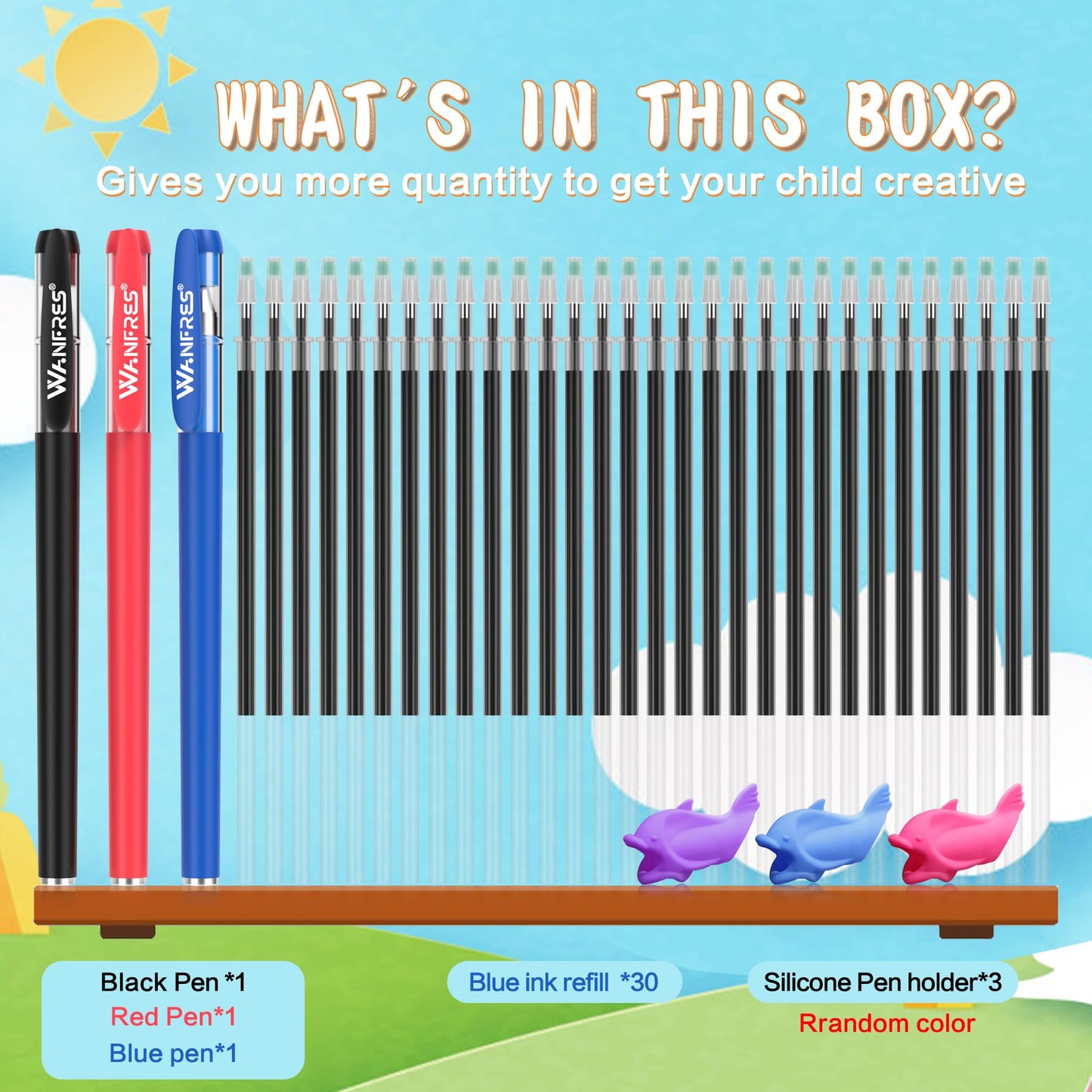 WANFRES Magic grooved writing practice, Magic pens for kids disappearing ink pen,30 refills 3 pens(With writing training aids)Pencil grip,Reusable grooved handwriting practice for kids,Magic Copybooks