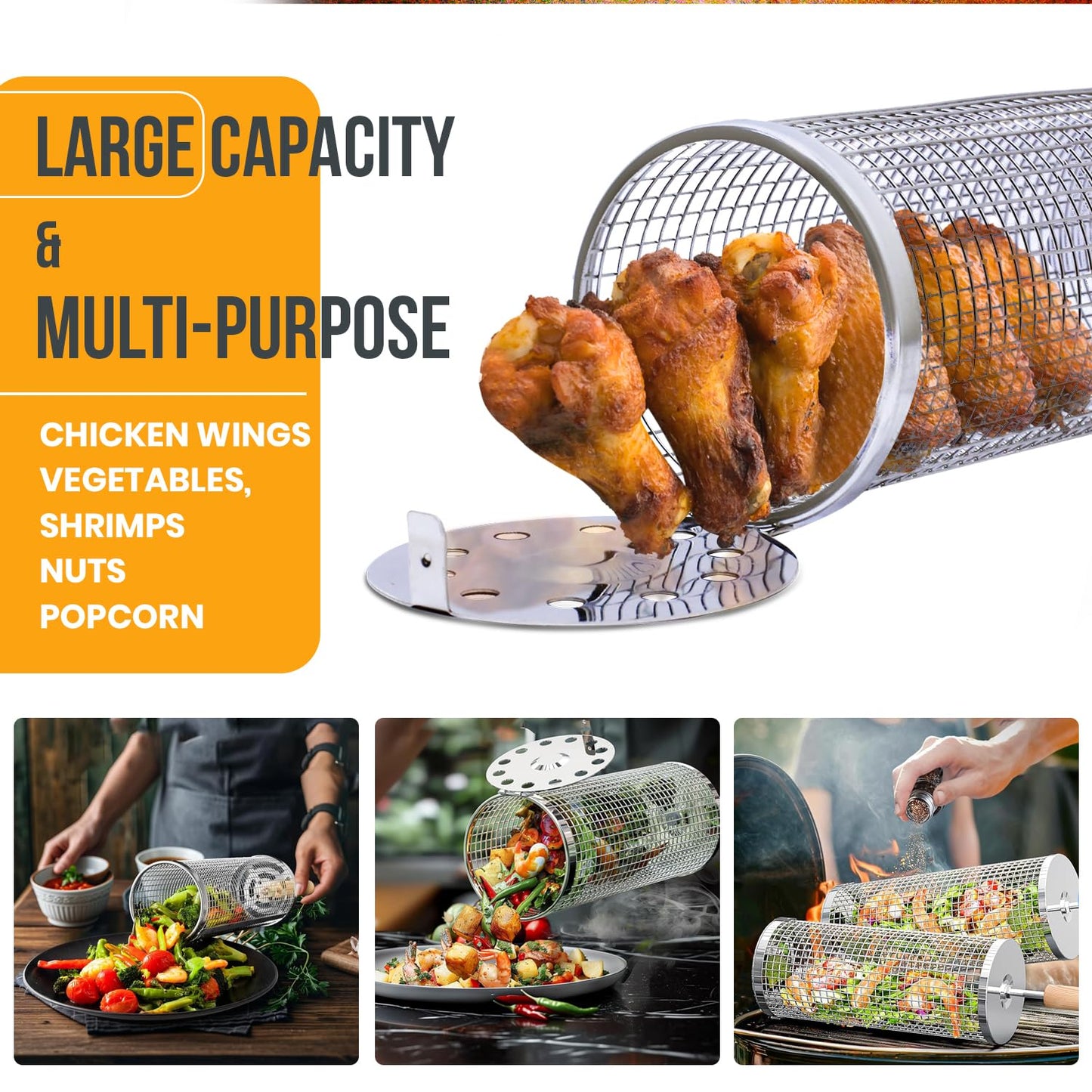 Smokova Rolling Grill Basket for Veggies (2 PCS) | 304 Stainless Steel Grill Baskets for Outdoor Grill with Removable Wooden Handle | BBQ Baskets for Grilling | Vegetable Grill Basket