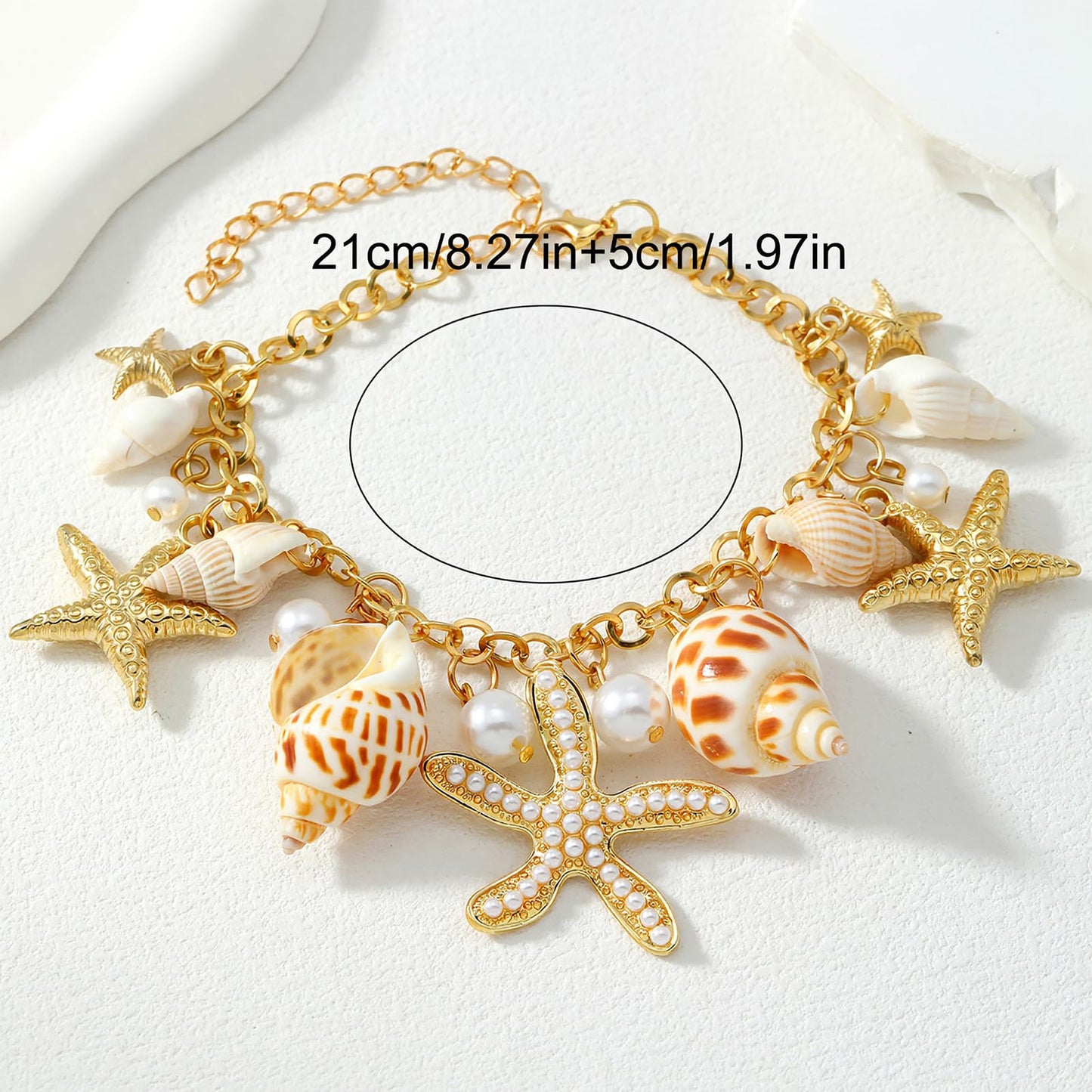 Qceasiy Shell Ankle Bracelet Set for Women, Gold Plated Boho Bead Adjustable Anklet, Hawaiian Beach Seashell Pearl Heart Starfish Conch Foot Jewelry Gifts (Conch Starfish1)