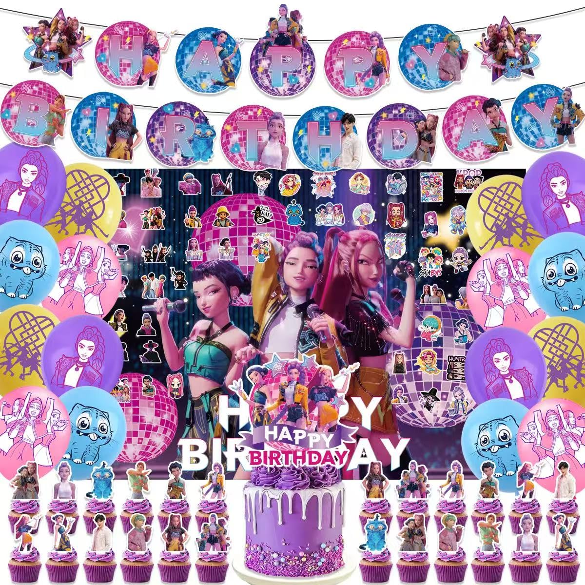 157 Pcs Demon Hunters Birthday Decorations, Party Supplies Kit with Backdrop, Banner, Cake Topper, Cupcake Picks, Balloons, Stickers for Themed Celebration