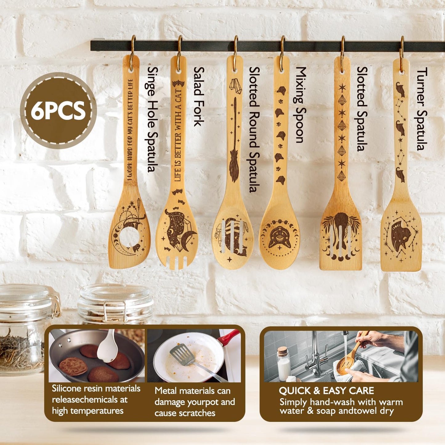 Gothic Magic Cat Engraved Bamboo Spoons (6 Pcs) | Witchy Kitchen Utensils for Halloween, Goth Home Decor, Spooky Housewarming & Birthday Gifts