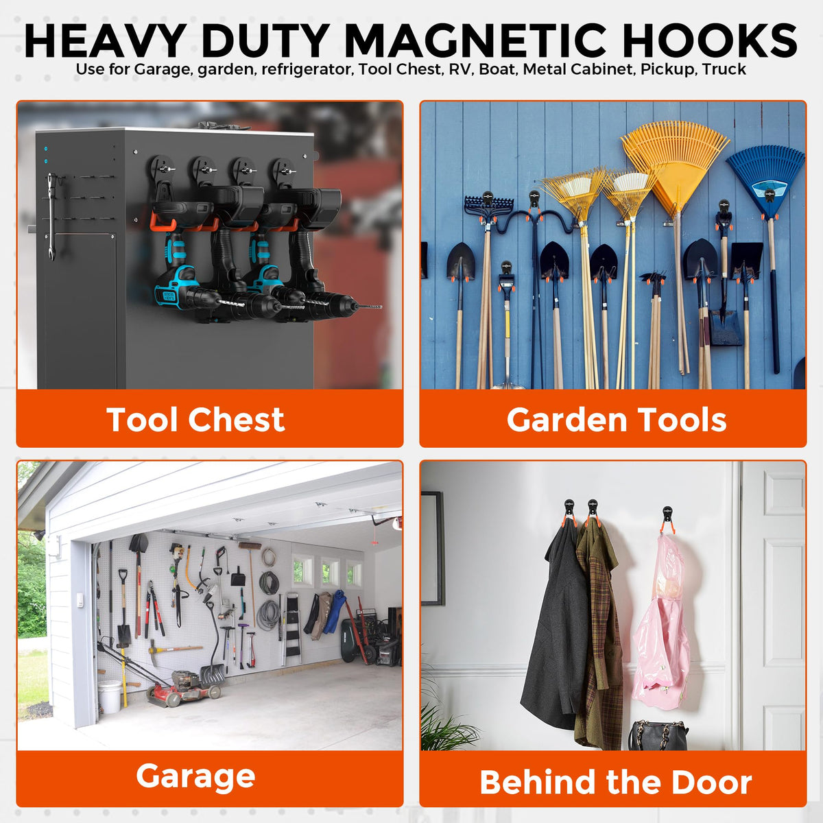 Large Strong Magnetic Hooks Heavy Duty Garage Big Magnet Hooks Extra Strength Magnetic Utility Storage Hook Hanger with Anti Slip Coating for Garden Indoor Outdoor Hanging Tools 2 Pcs Orange (2 Count)