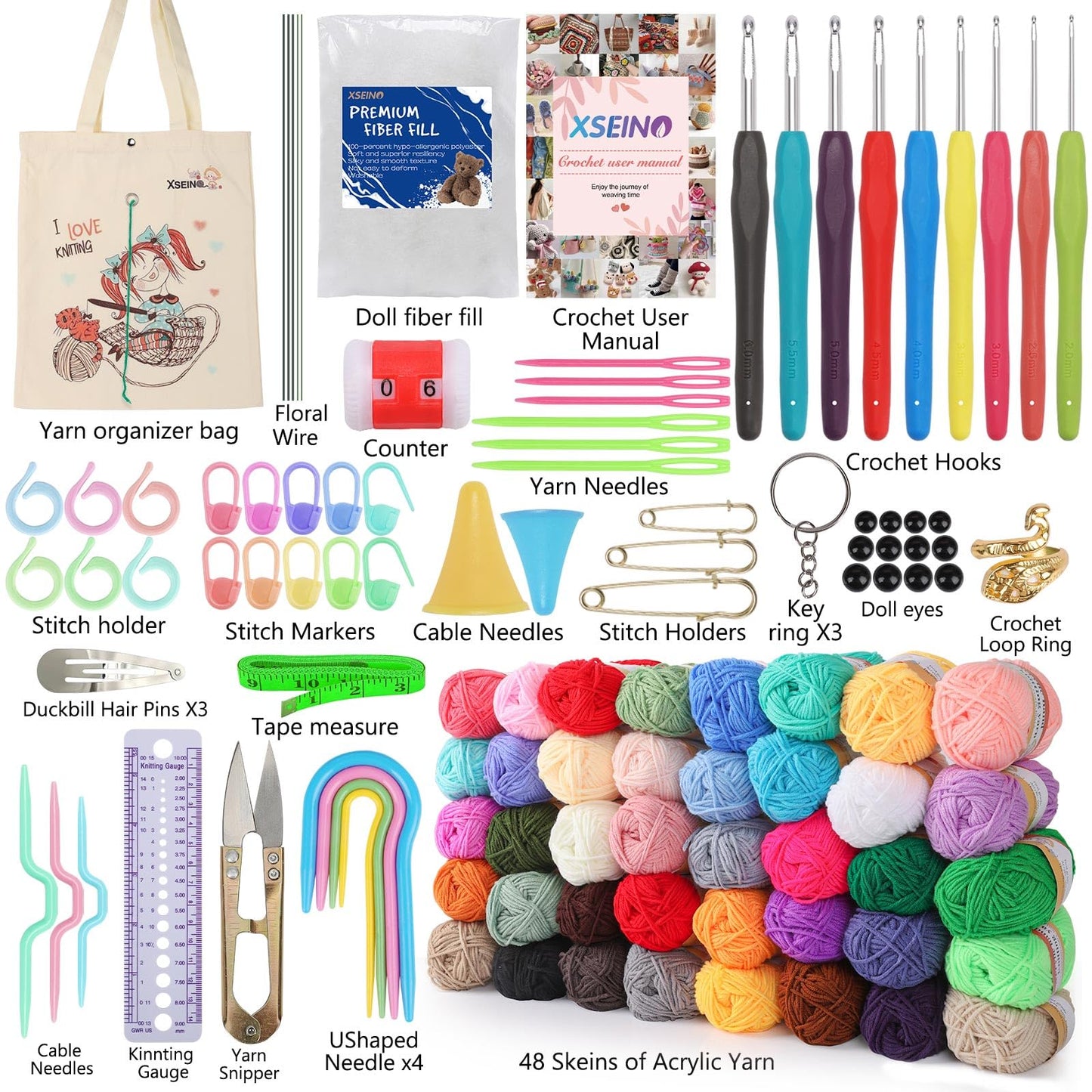 XSEINO Crochet Kit with Crochet Hooks Yarn Set - Premium Bundle Includes 40 Colors Crochet Yarn Balls, Crochet Kit, Accessories Kit, Crochet Bag and Lot More - Starter Pack for Beginners