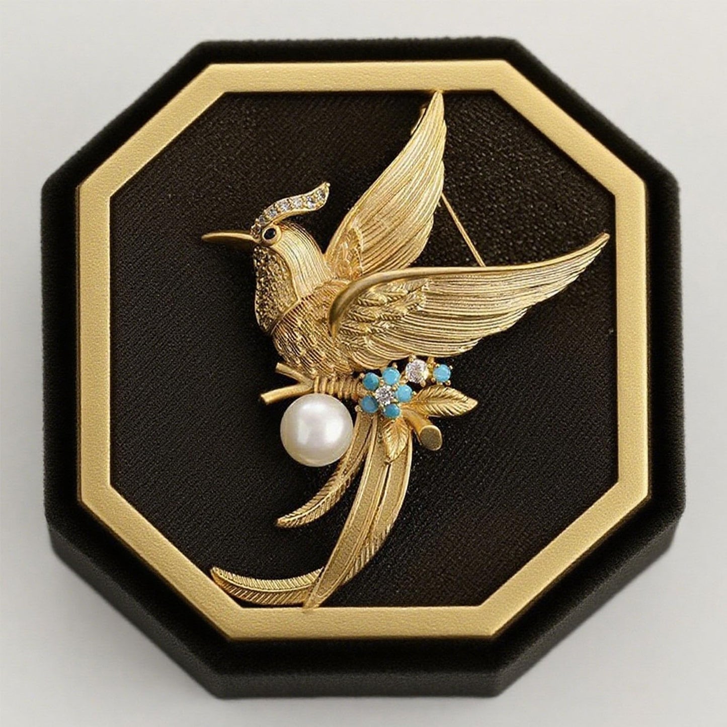 Vbvbip Vintage Golden Phoenix Brooch with Pearl and Turquoise, Exquisite Rhinestone Brooch Pin for Women, Elegant Wedding Shawl Dress Jewelry Accessory