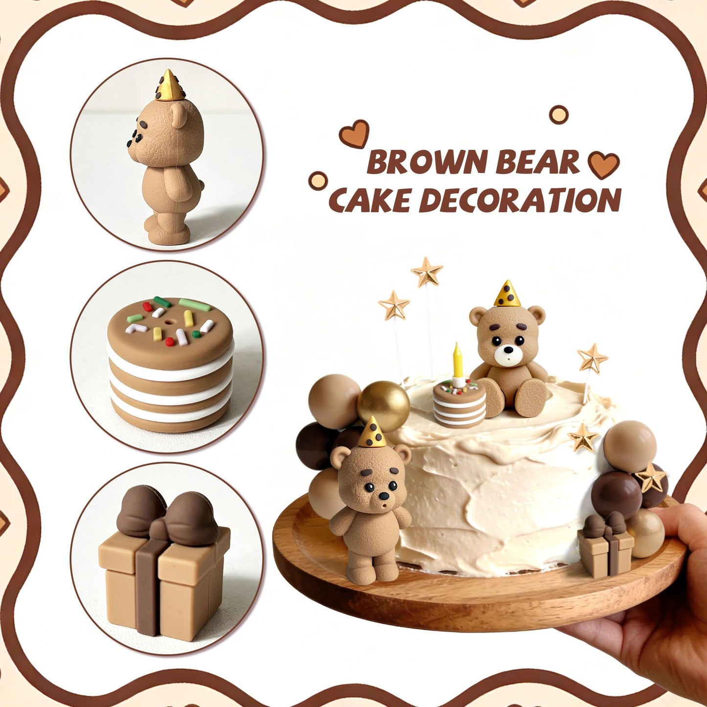LaVenty Brown Bear Cake Decoration Beige Brown Balls Cake Topper Boho Cake Cake Decoration Baby Shower Birthday Cake Decoration