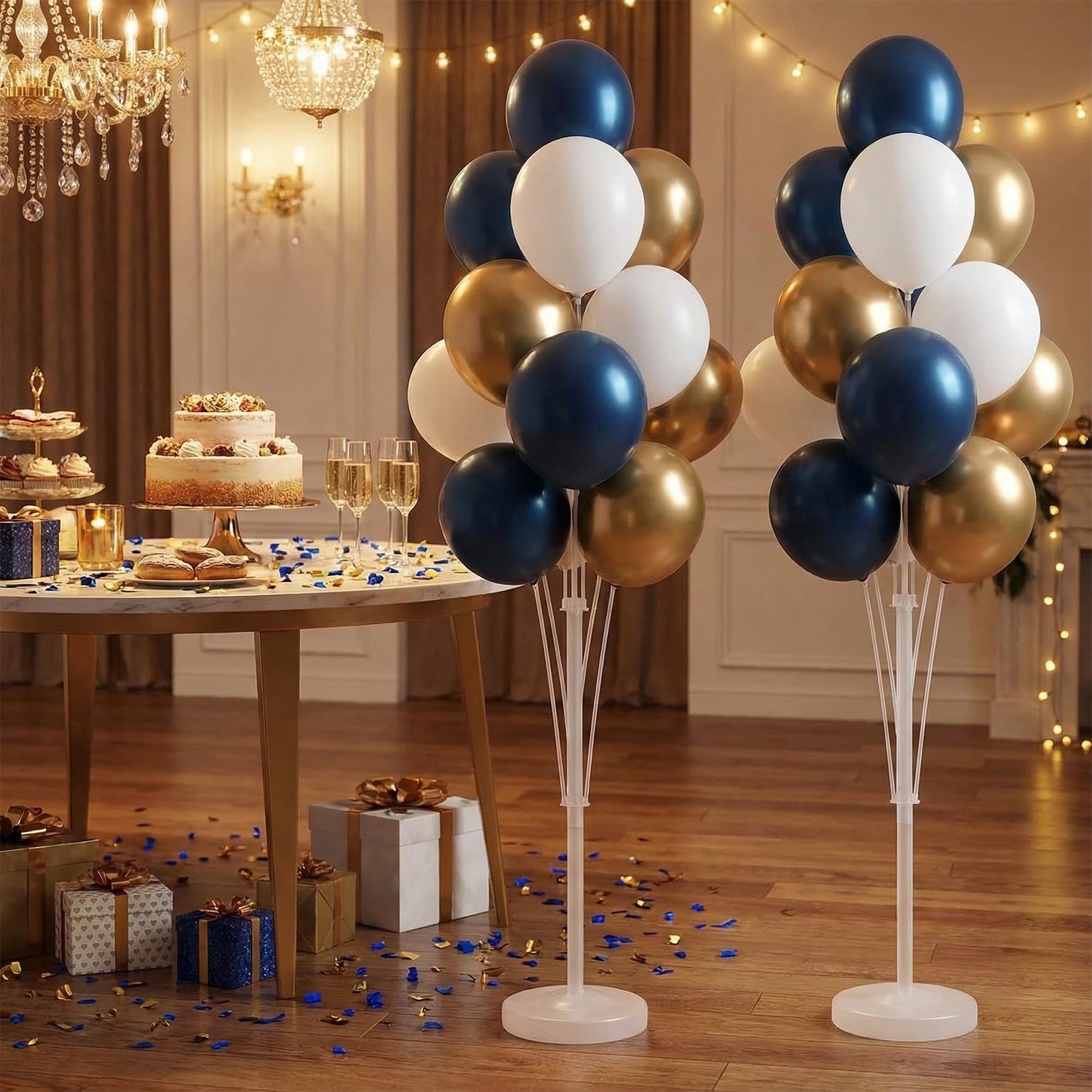 Balloon Column Kit for Floor- Set of 2,Balloon Columns with Stand, Base and Pole,Balloon Tower Backdrop Decoration for Wedding, Baby Shower, Birthday Party, or Bachelorette Parties (BLUE GOLD)