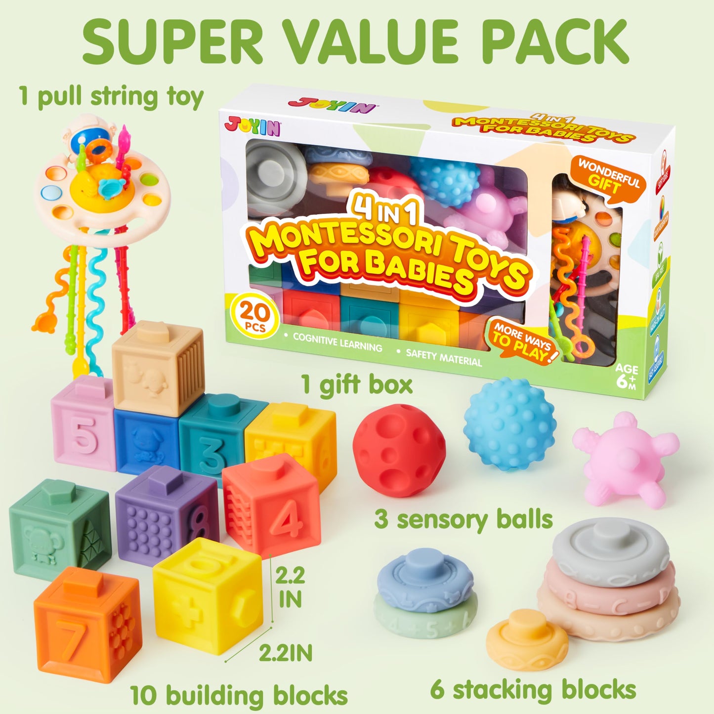 JOYIN Baby Toys - Montessori Toys for Babies, Food-Grade Sensory Present Infant Stacking Circles Teether, Blocks, 3D Stress Balls, Pull String, Learning Gifts for Baby Girls Boys