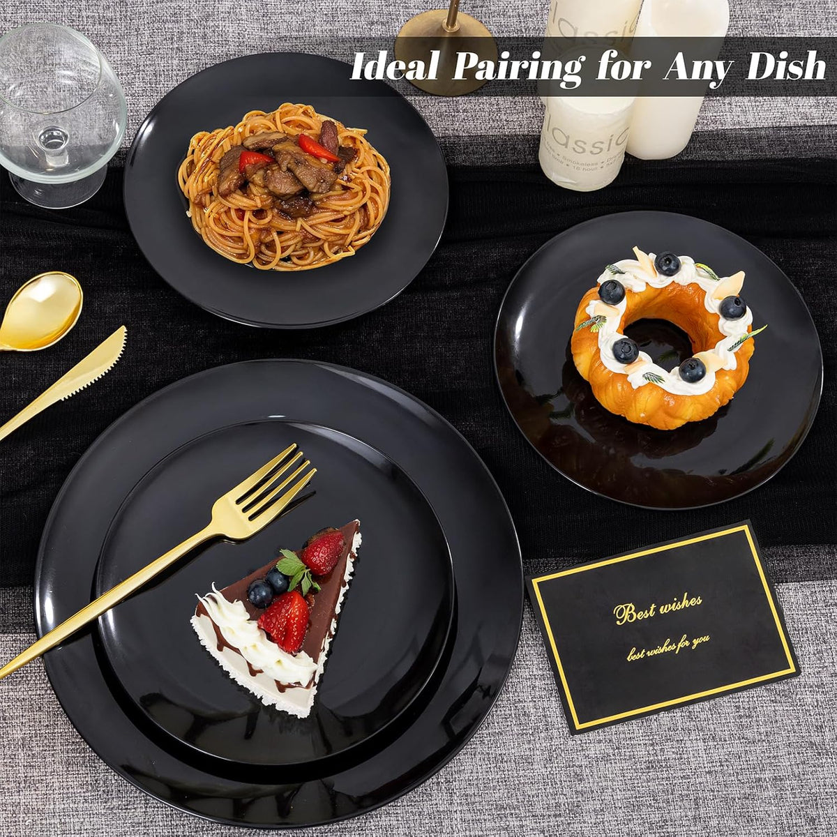 PULOTE 200PCS Black Plastic Plates - Heavy Duty Black Disposable Include 100 Each (10 inch Dinner & 7 inch Dessert) Plates, Disposable for Party, Birthday & New Year
