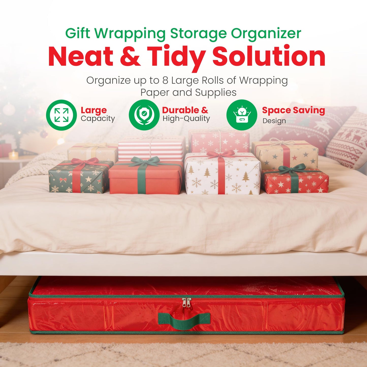 Handy Laundry Gift Wrap Storage Organizer, Easily organize Wrapping Paper, Ribbons, Bows, Scissors, Fits 18-24 Standard Rolls, Keeps Gift Supplies in Perfect Condition & Ready for Next Season, (Red)