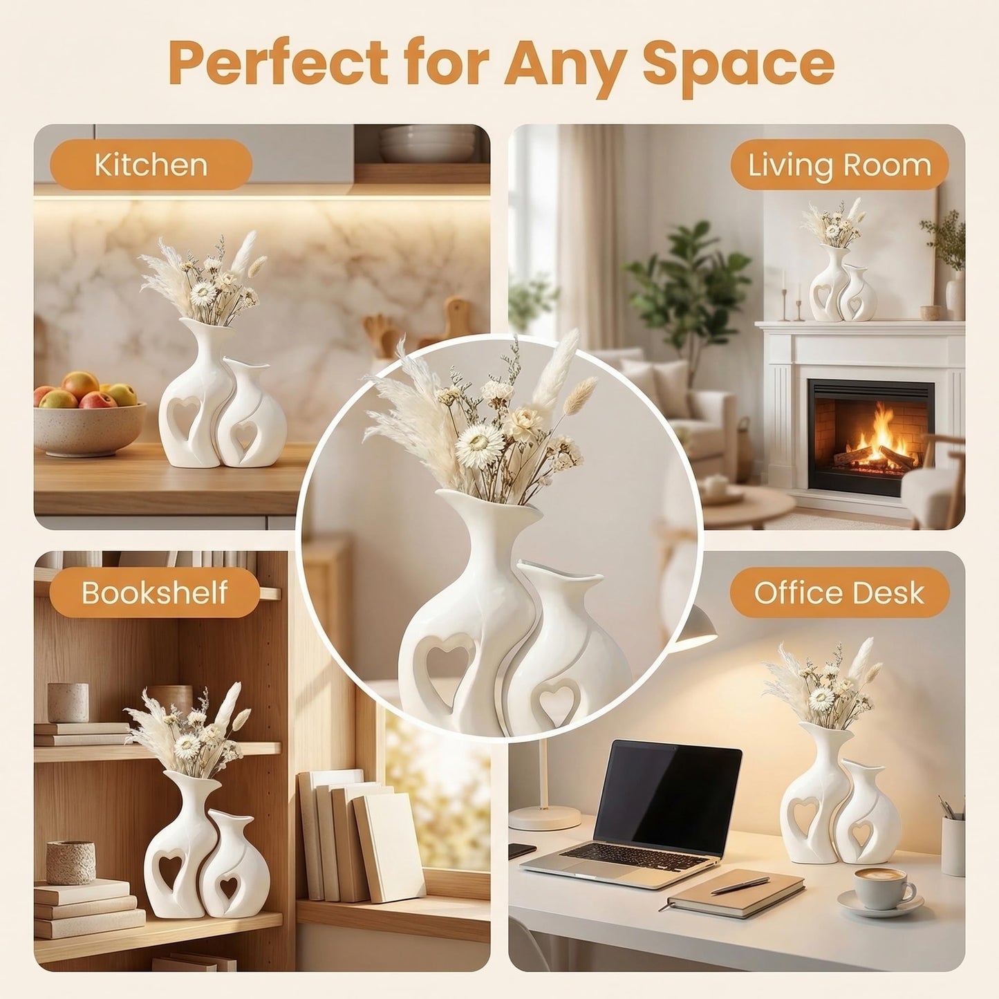 White Heart Vase Set of 2,Modern Vases for Home Console Table Decor for Living Room Coffee Table Fireplace Bookshelf Decorations(3.5" L x 4.4" W x 8.5" H)