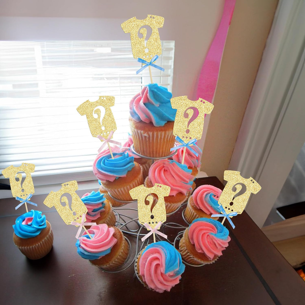 Ephlyn 24Pcs Gender Reveal Cupcake Toppers Glitter Pink Blue Bow Onesie Question Mark Boy or Girl Cake Topper Decorations for Baby Shower Theme Gender Reveal Kids Birthday Party Supplies Gold