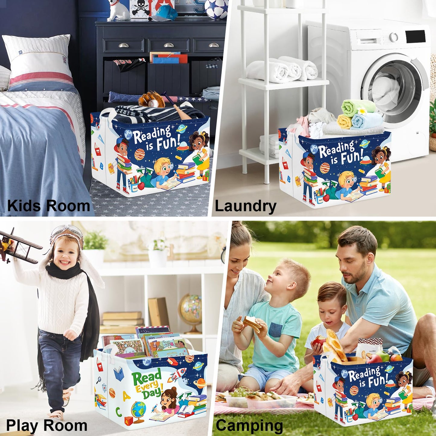 Clastyle Space Reading Fun Study Book Kid Storage Basket Baby Laundry Hamper Boy Gift Toy Box Collapsible Clothes Organizer Nursery Bin for Bedroom, Rocket, 40*30*30 cm