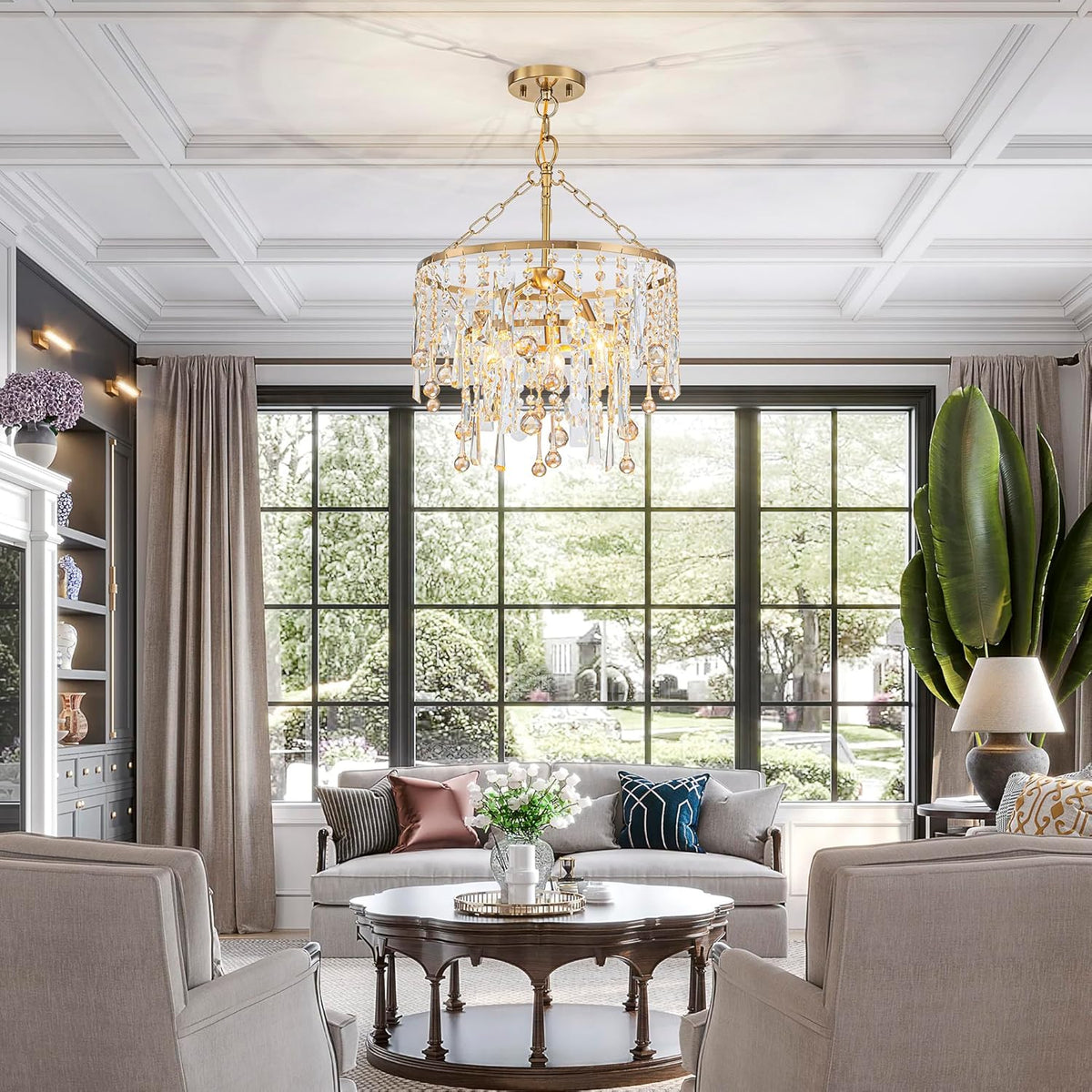 3-Lights K9 Crystal Chandeliers, Luxury Vintage Pendant Light Fixture for Dining Room, Living Room, D15*H20.4~66.8 inch (Adjustable), Clear Crystal & Gold Finish