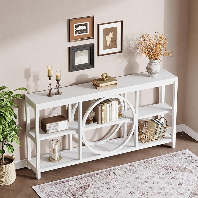 Tribesigns 70.9 Inch Extra Long Console Table for Entryway, Sofa Table Behind Couch with 3 Tier Wood Storage Shelves Industrial Metal Frame for Living Room Hallway Entryway, Pure White