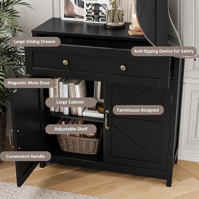 Buffet Sideboard with 2 Barn Doors,Black Kitchen Cabinet with Adjustable Shelf, Freestanding Floor Storage Cabinet