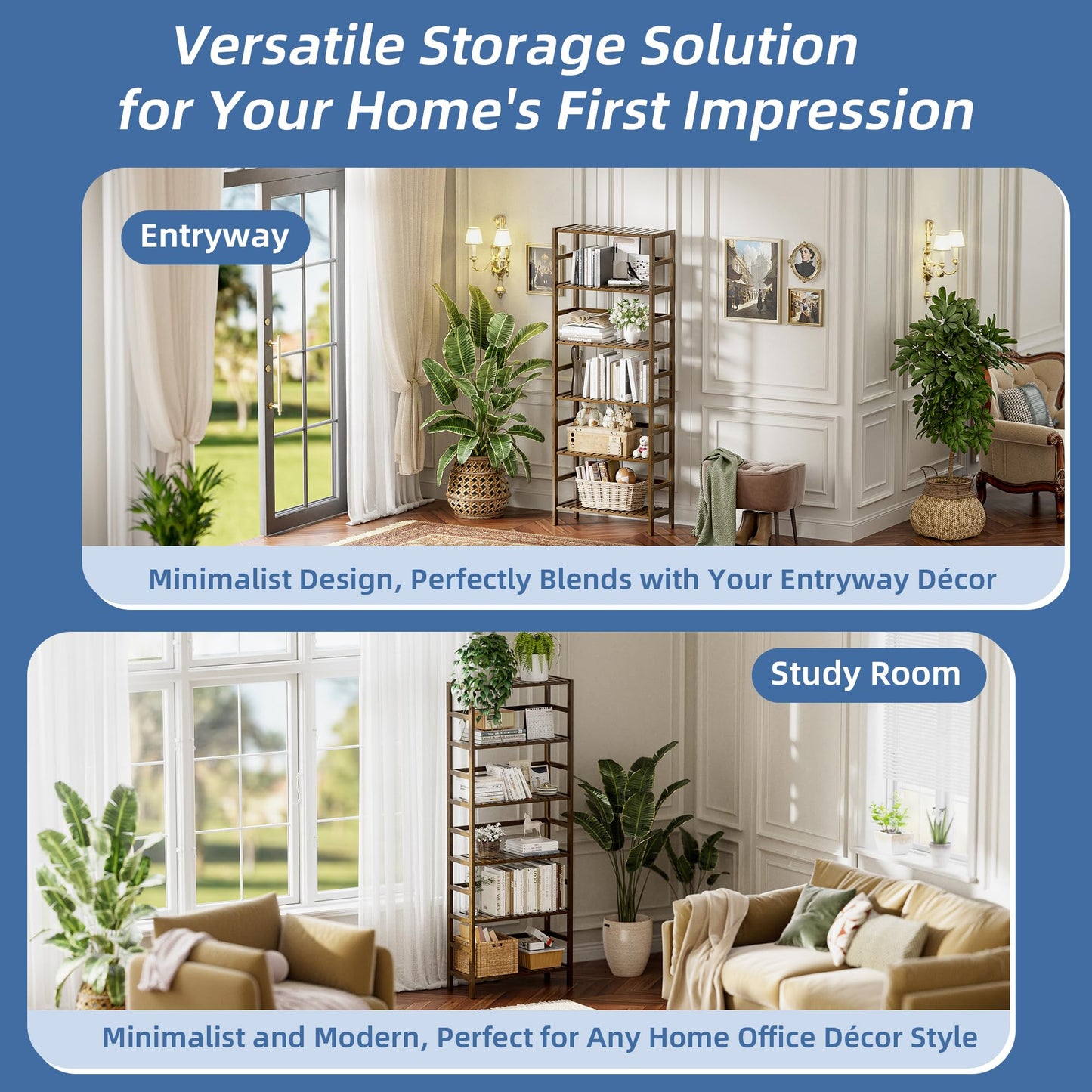 HITNET Bookcase, Bamboo Bookshelf, 6-Tier Adjustable Tall Open Book Shelf, Free Standing Storage Shelves Organizer, Flower Plant Display Stand, Walnut
