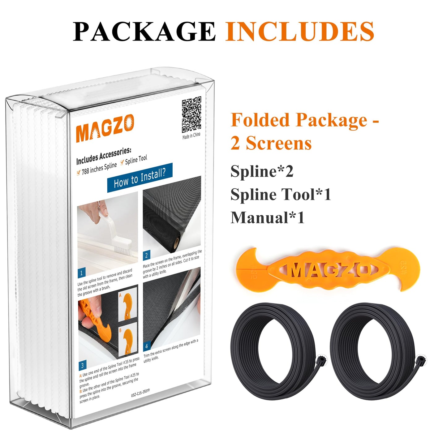 2PACK MAGZO Window&Door Screen Replacement Kit, 48''W x 99''L, with Retaining Spline (Total 65.6 FT) and Press-in Installation Tool, Scratch-Proof Polyester, Screening Roll Repair for DIY/Porch, White