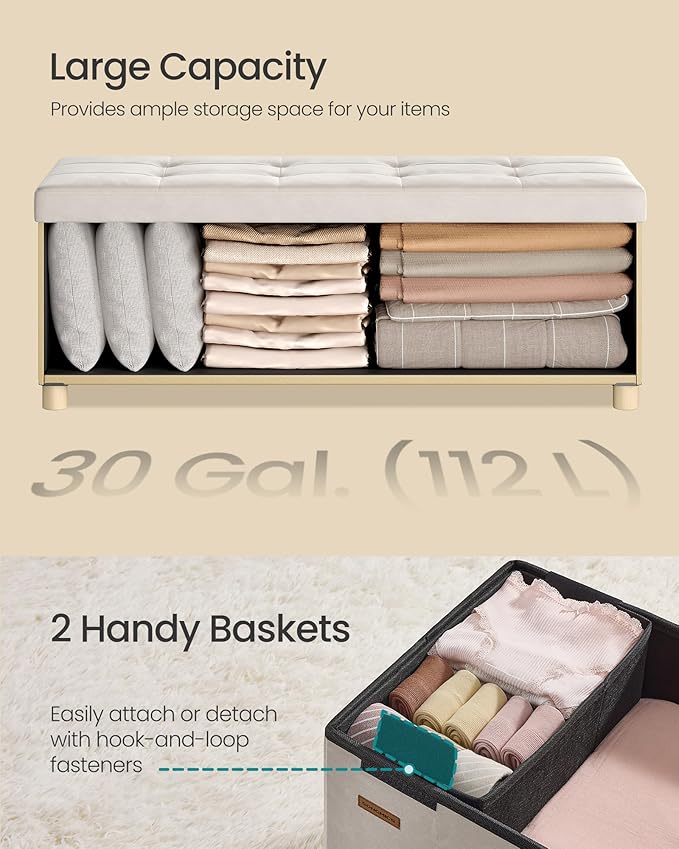 SONGMICS Storage Ottoman Bench, Folding Storage Chest, 15 x 43.3 x 15.7 Inches, Foot Rest Stool, 30 Gal. (112 L), Velvet Surface, for Bedroom, Entryway, Living Room, Cappuccino Beige ULSF0518W02