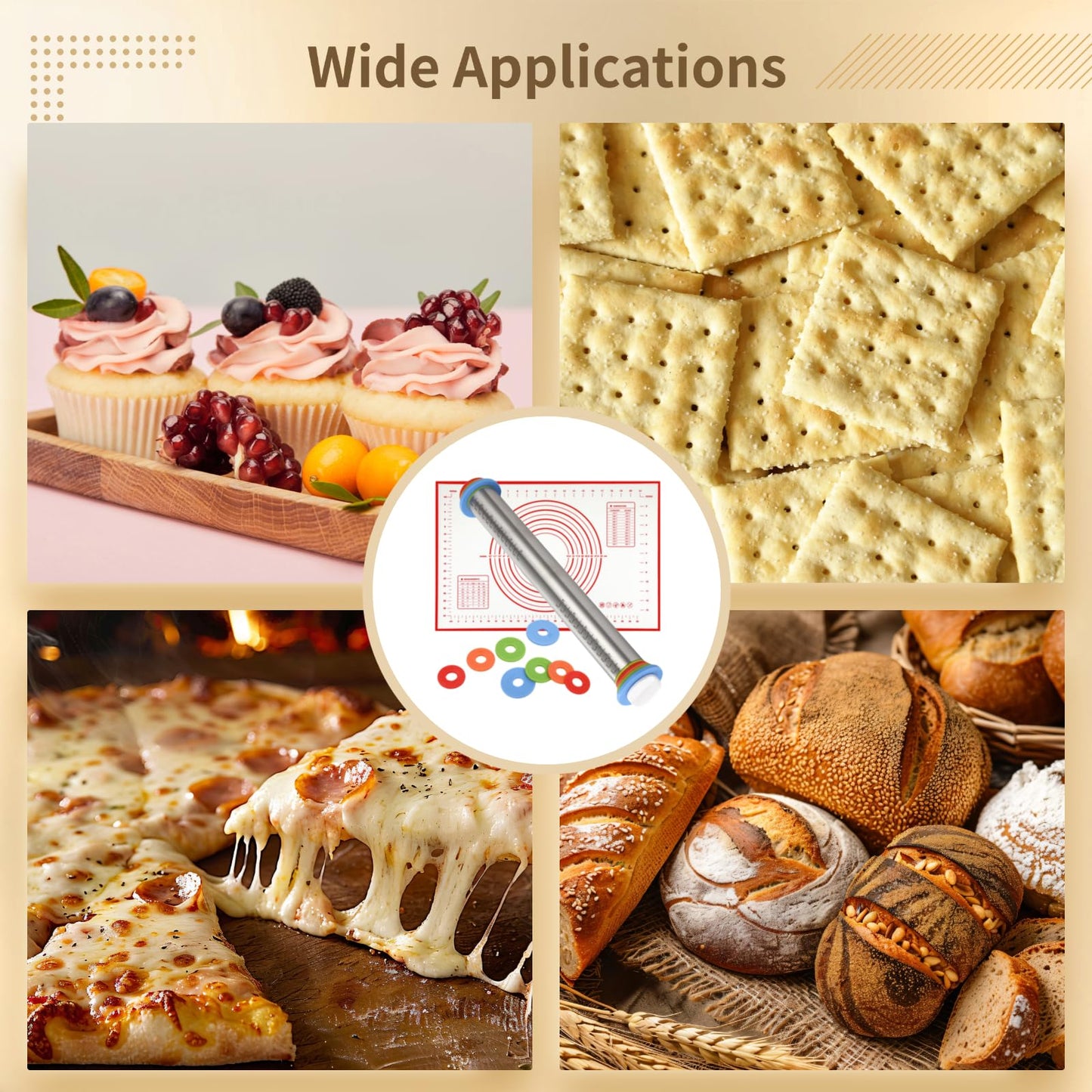 Rolling Pin and Pastry Baking Mat Set, Stainless Steel Dough Roller with Adjustable Thickness Rings & Clear Scale Markings, Ideal for Home Kitchen Baking Fondant, Pizza, Pie, Pastry, Pasta, Cookies