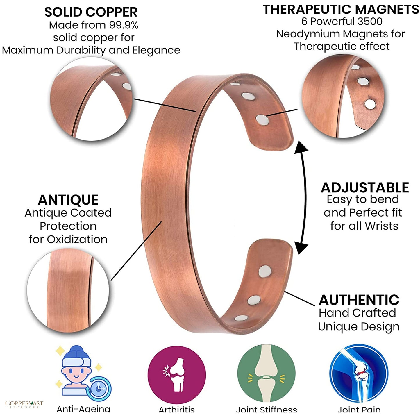 Coppervast Copper Bracelets for Men and Women | Gift for Women and Men | gifts for mom - Magnetic Adjustable Copper Bracelets