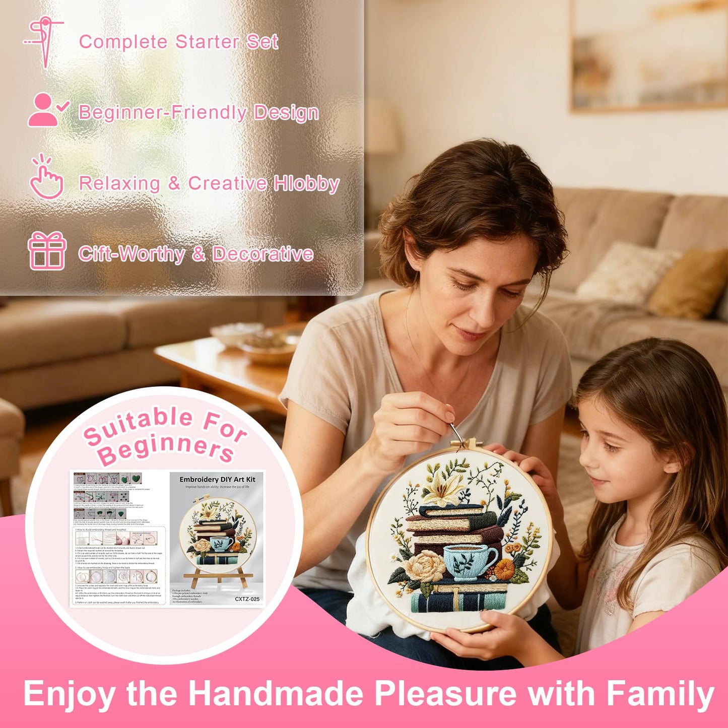 Huacan Flowers Embroidery Kit for Beginners Stamped Books and Flowers Pattern Cross Stitch Kit with Instructions