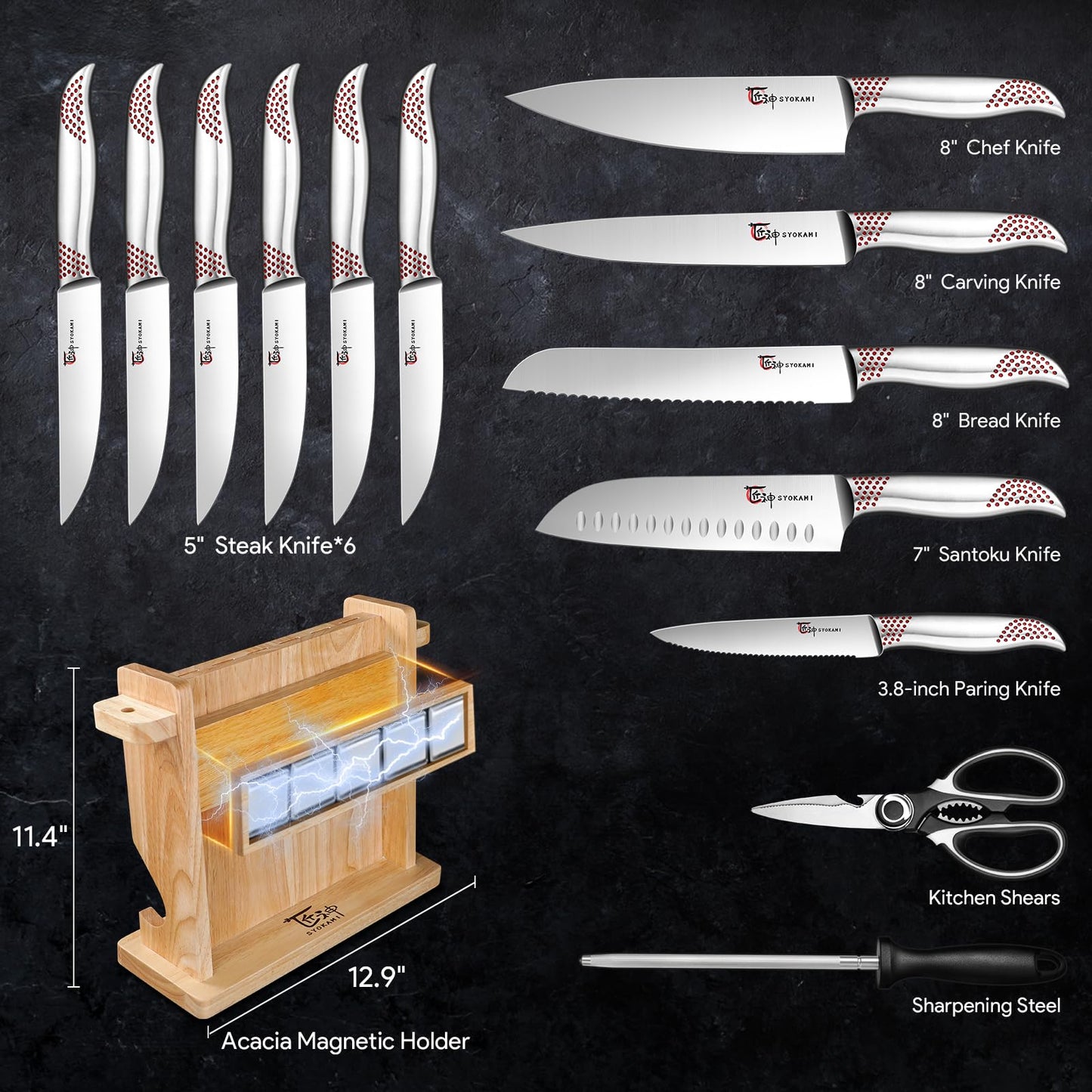 SYOKAMI Japanese Knives Set for Kitchen, Magnetic Knife Set with Block and Sharpener, Stainless Steel Knife Set as Gift for Couple, Wedding, Women or Mom with Gift Box, 14 PCS Red Dot