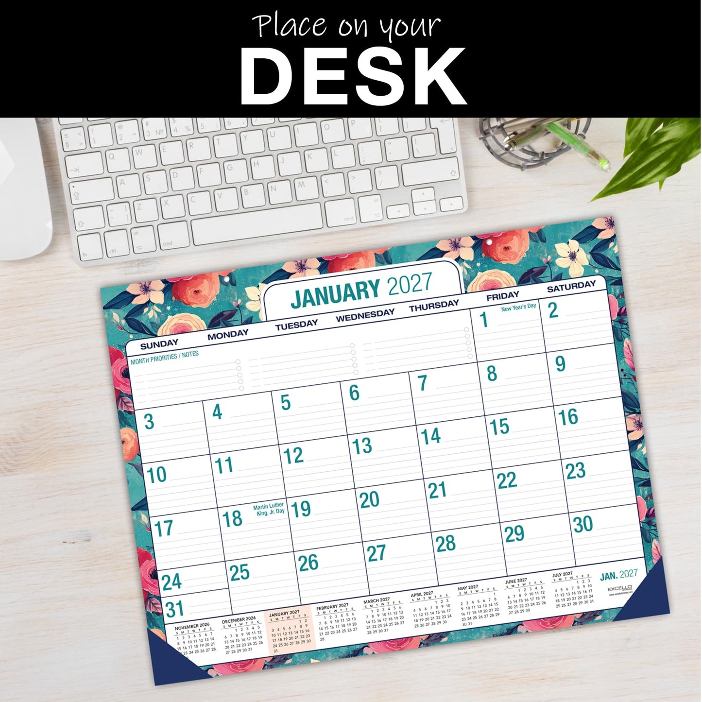 Desk PAD: 22" x 17" Large Print Desk Pad Calendar, APR 2026 - DEC 2027, 21 Months, (Teal Floral)