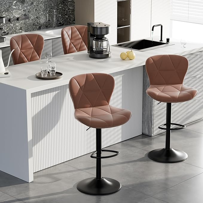 Bar Stools Set of 6,Adjustable Swivel Barstools, Faux Leather Bar Chairs,Upholstered Counter Height with High Backrest for Kitchen Island, Brown