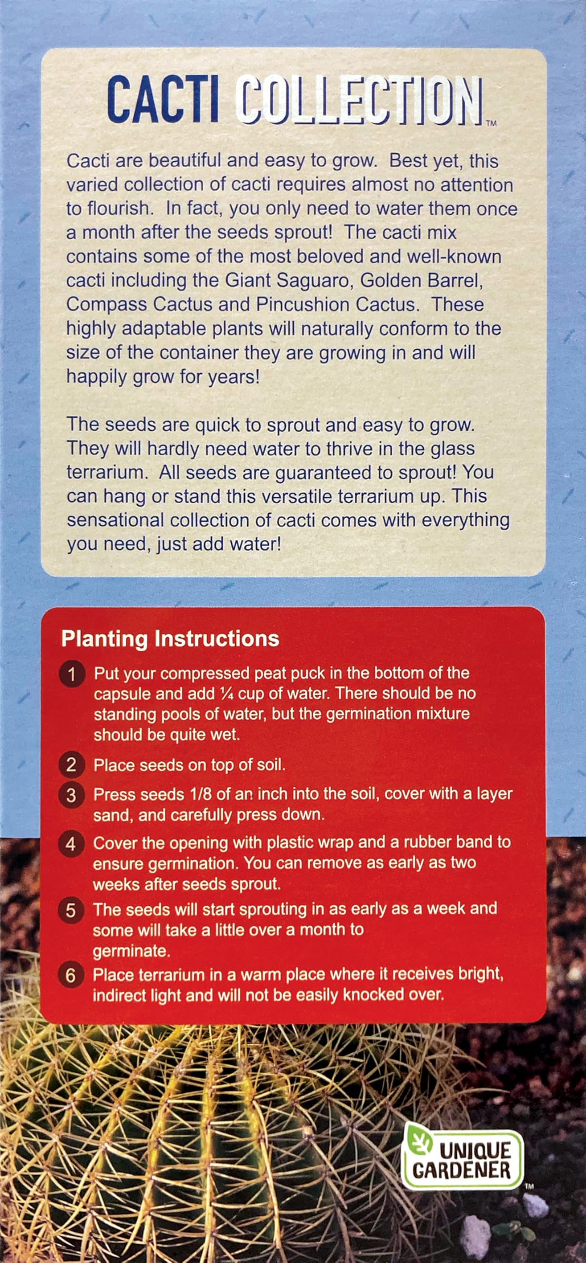 Cactus Terrarium Grow Kit by Unique Gardener - DIY Indoor Hanging or Standing Garden Starter Set with Complete Supplies, Easy to Grow Terrariums for Home Decor!