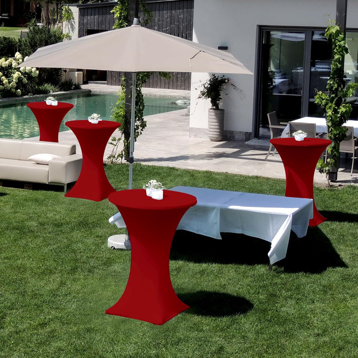 Cocktail Table Covers-Spandex Round High Top Table Cloths 6 Pack 32x43 Inch-Red Stretch Fitted Bar Tall Tablecloth for Pub Bistro Highboy Party Event Banquet Height Folding Satnding Tables