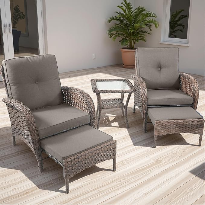 Rilyson 5 Piece Patio Furniture Set - Wicker Balcony Furniture Set with Hidden Ottomans, Rattan Outdoor Patio Chairs with Side Table for Porch Deck Poolside Garden Brown/Grey