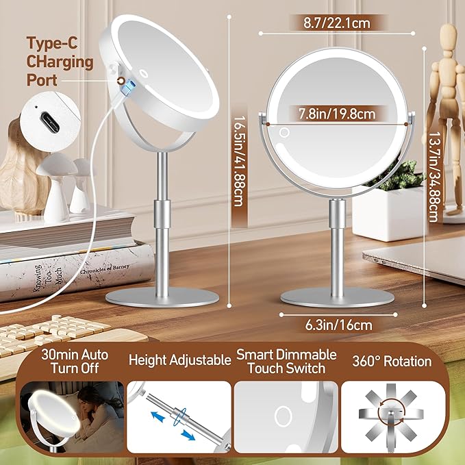 Magnifying Mirror with Light 20X, Height-Adjustable Lighted Makeup Mirror with Magnification, Double-Sided Aluminum Alloy LED Mirrors, 3 Lighting Modes Ideal for Bathroom Make-up, Silver