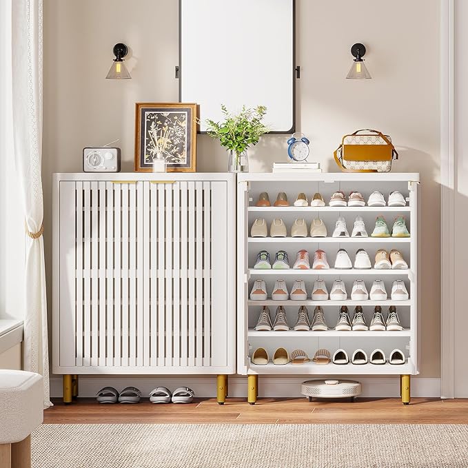 Tribesigns Shoe Cabinet with Shutter Doors, 6-Tier Entryway Shoe Cabinet with Adjustable Shelves, Wooden Modern Rack Organizer for Entryway, Hallway, Closet, Living Room, White