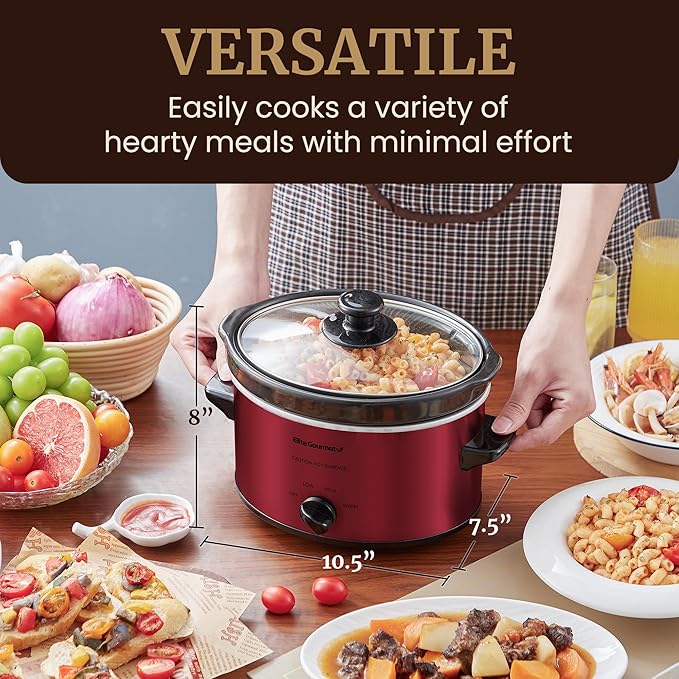 Elite Gourmet MST-275XR Electric Oval Slow Cooker, Adjustable Temp, Entrees, Sauces, Stews & Dips, Dishwasher Safe Glass Lid & Crock (2 Quart, Metallic Red)