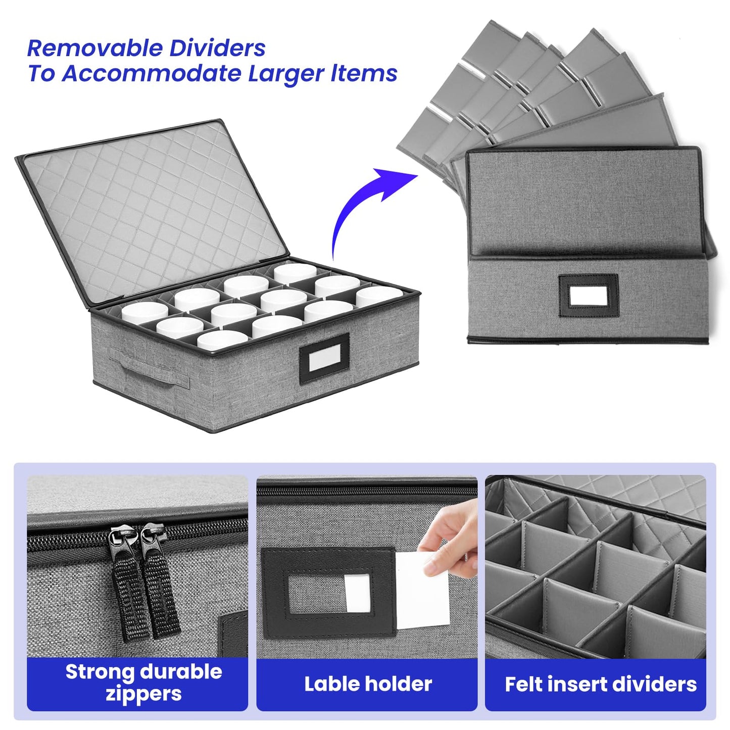 TMWANLT Mug Storage Box 2 Pack, Holds 24 Coffee Cup Stackable Holder Organizer Container with Dividers Lid Handle for Cabinet Dustproof Moving, Hard Shell, Packing Case Essentials for Organizing Gift