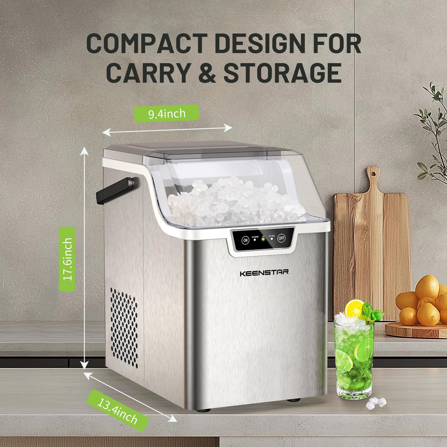 KEENSTAR Nugget Countertop Ice Maker with Soft Chewable Ice, 40lbs/24H Pebble Ice Machine for Home/Party/RV/Camping with Basket and Scoop, Auto-Cleaning