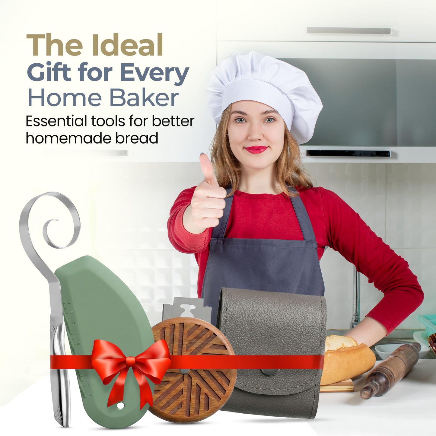 Sourdough Accessories | Seamless Danish Sourdough Bread Whisk, Silicone Dough Scraper & Sourdough Scoring Tool with 5 Blades + Storage Bag (Sourdough bread lame Kit) | Bread baking supplies
