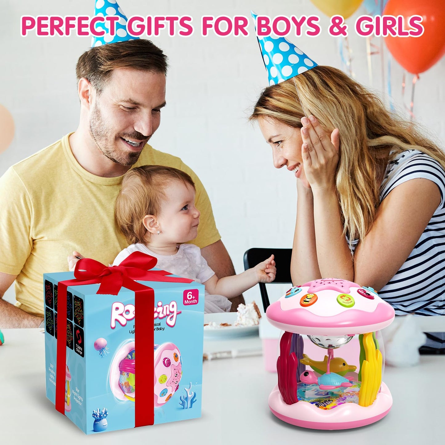 Letapapa Baby Toys 6 to 12 Months, 4 in 1 Ocaen Rotating Projector, Tummy Time Light Up Musical Toys for 6 7 8 9 12-18 Months, Educational Birthday Gifts for Baby Infants 1 2 Year Old Girls(Pink)