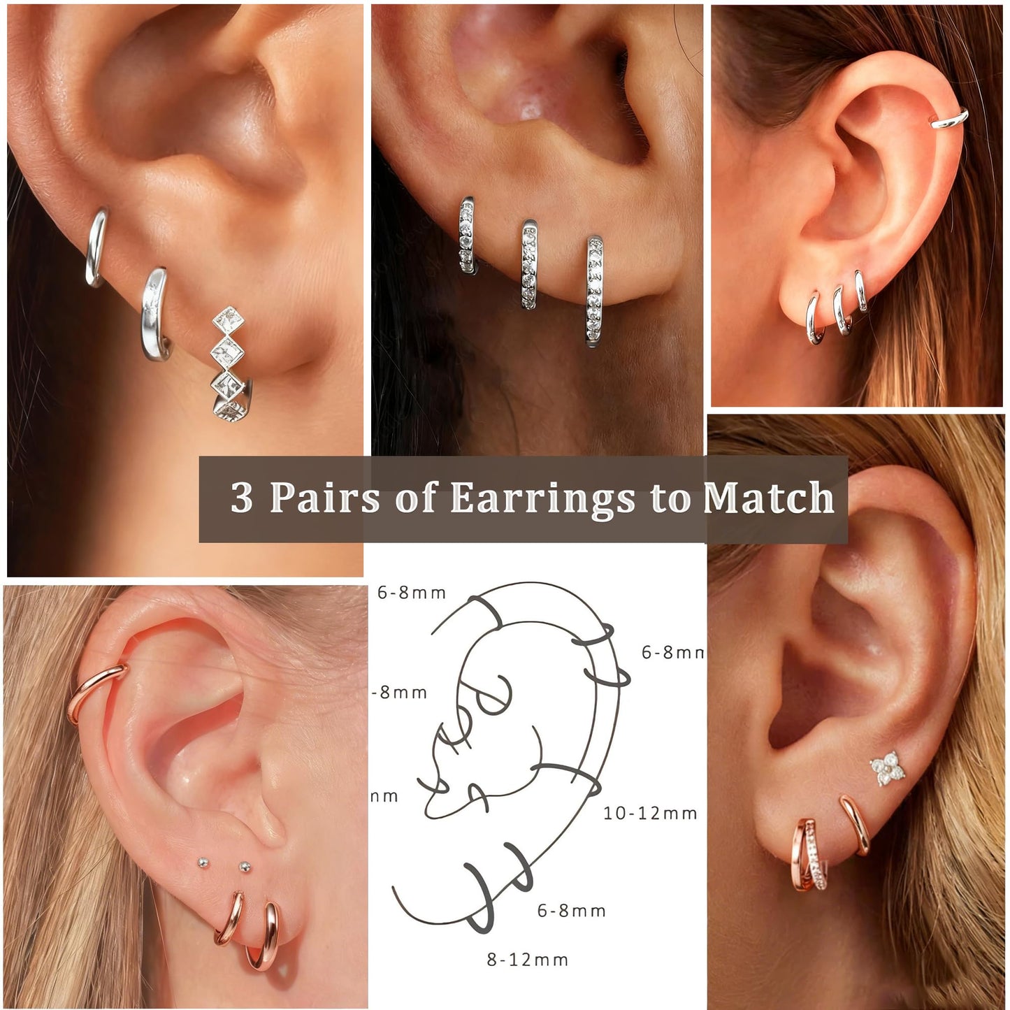 DORANA Rose Gold Earrings for Women Non Tarnish Small Huggie Earrings 925 Hypoallergenic Cartilage Stackable Sleeper Hoops Rose Gold Stacks Sets for Multiple Piercing,3 Pairs