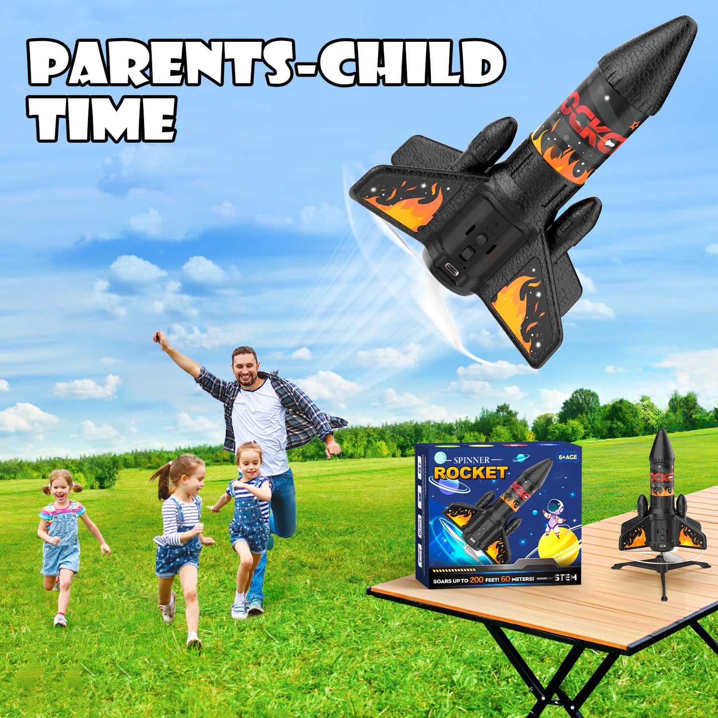 Ovaasy Rocket Launcher for Kids, 200 ft Self Launching Motorized Rocket Toy with LED and Safety Parachute Land, Outdoor Toys Cool Birthday for Boys Ages 8-12 (Orange)