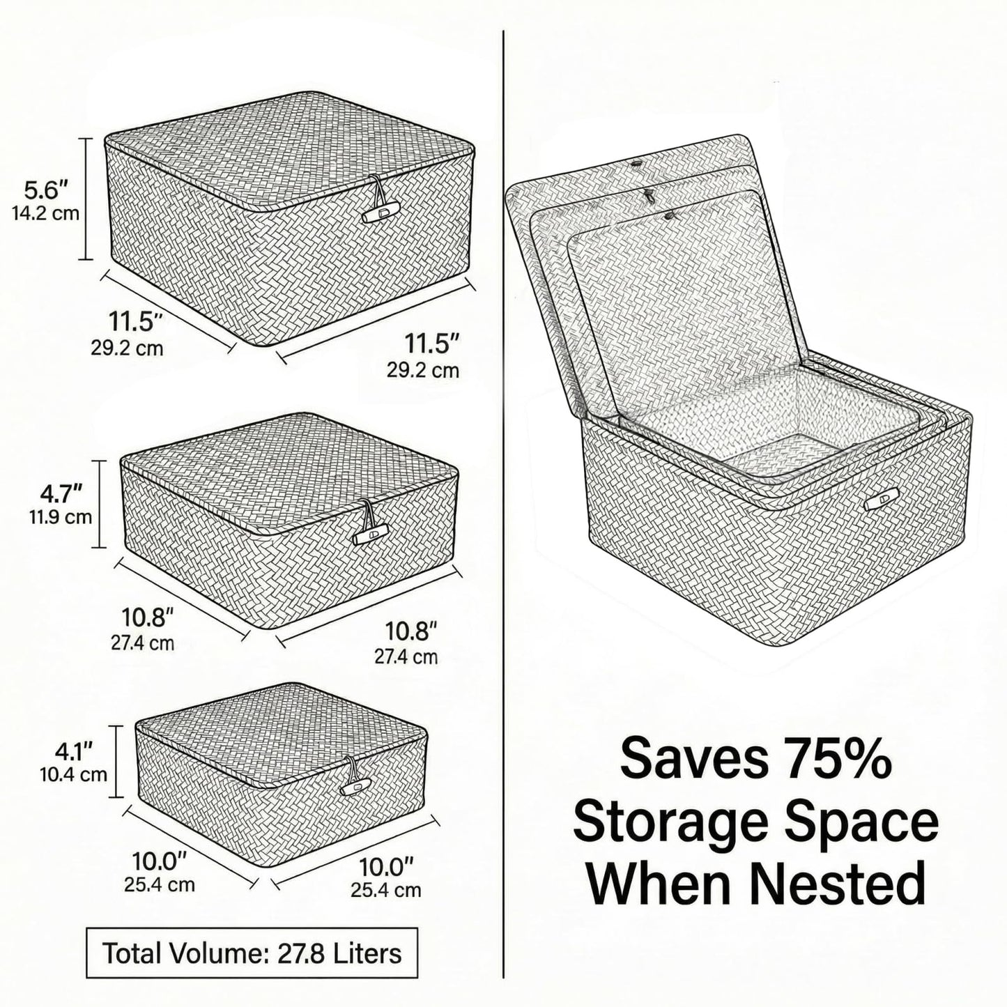 SHEYRAJIIA 3-Pack Cube Seagrass Storage Bins with Lids - Sturdy Reinforced Metal Frame Woven Boxes - Stackable Organizers for Closet, Bathroom & Office Shelf