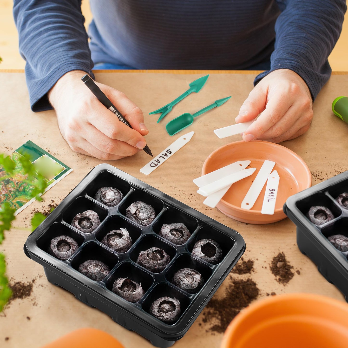 Hahood 6 Pack Seed Starter Tray Kit with Grow Light and Humidity Dome Germination Trays with 72 Peat Pellets, Plant Labels, Gardening Tools, Plant Growing Trays for Seeds Growing Starting, Black
