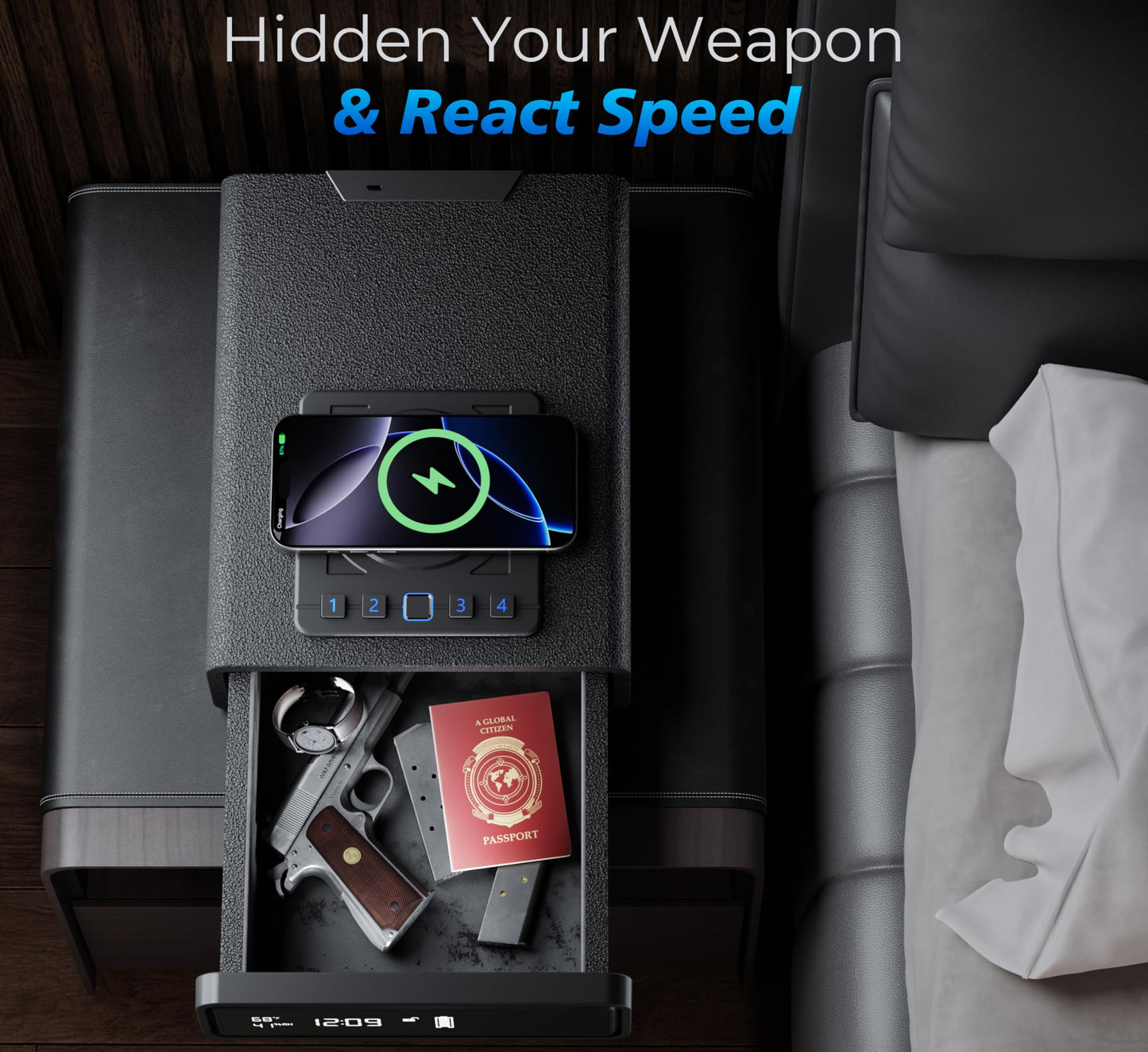 ORARAER Smart Biometric Gun Safe with Wireless Charging, Bluetooth App Control, 4 Unlock Methods, Bedside Drawer Safe LED Display,Money Box for Valuables, Gifts for Men
